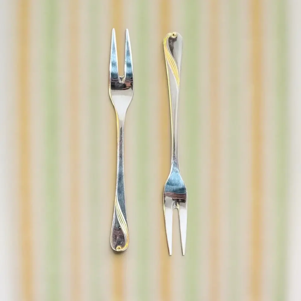 Solingen 18/10 Stainless Steel VTG Set of 2 Gold Swirl Appetizer Cocktail Forks